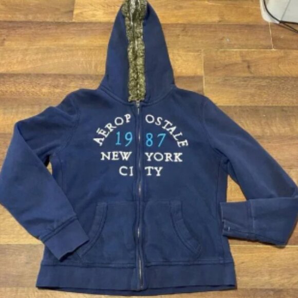 Aeropostale Jacket Women's XL Y2k Full Zip Fur Lined Hood Print Hoodie - Picture 1 of 5